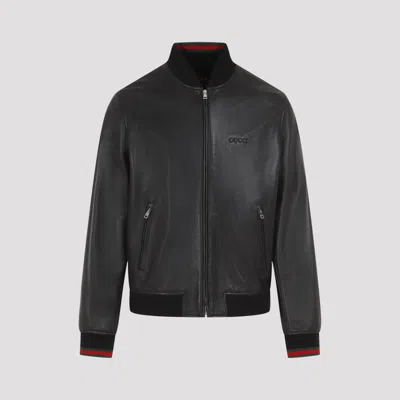 Gucci Black Bomber Jacket With Front Logo In Nappa Leather And Mesh Man In Animal Print