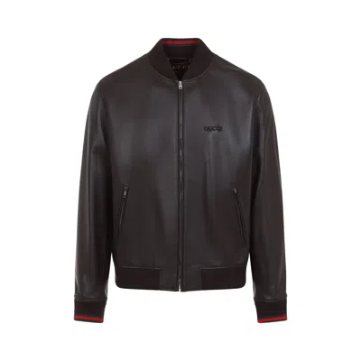 Gucci Leather Bomber Jacket With Embroidery In Brown