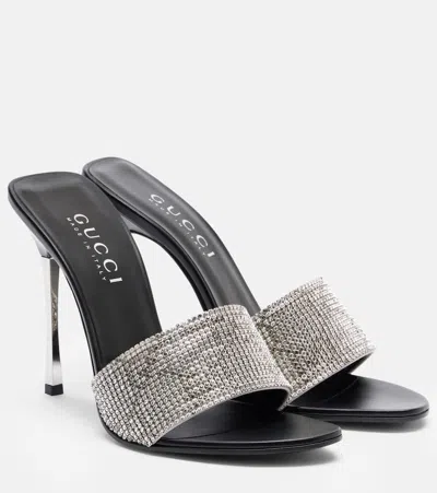 Gucci Bombshell 120 Embellished Satin Mules In Silver