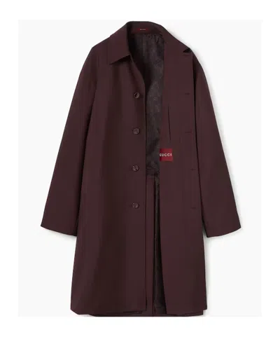 Gucci Bonded Wool Coat With Logo In Burgundy