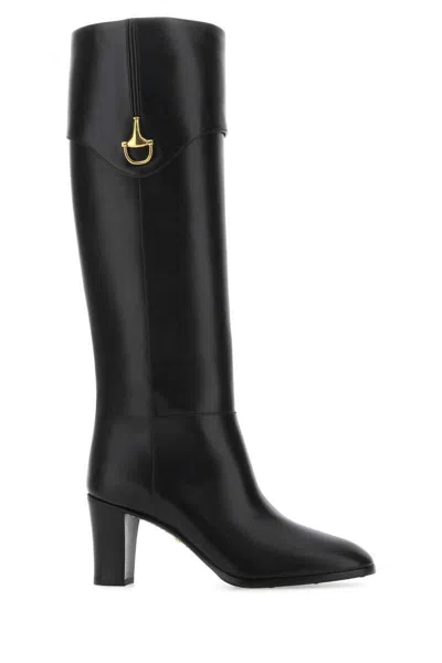 Gucci Almond Toe Block Heel Knee High Boots In Black