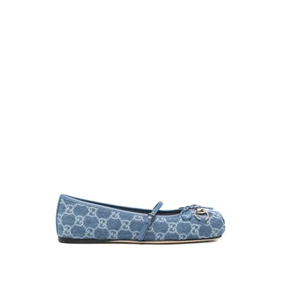 Gucci Signature Horsebit Detail Gg Monogram Ballet Flats In Blue