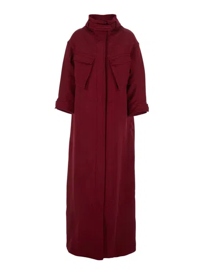 Gucci Bordeaux Coat With Adjustable Stand-up Collar And Drawstring Waist In Gg Canvas Woman In Multicolor