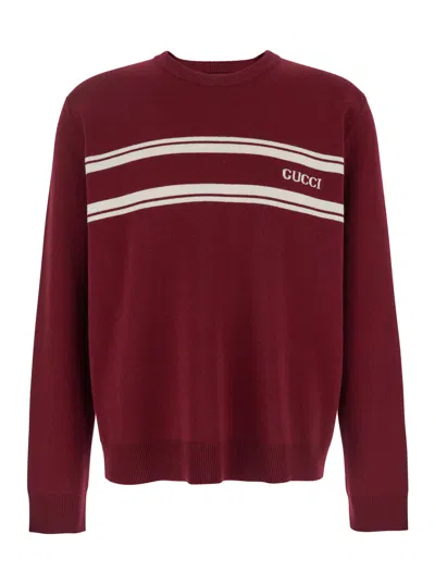 Gucci Bordeaux Crewneck Sweater With Logo Lettering On The Front And Striped Detail In Wool Man In Multicolor