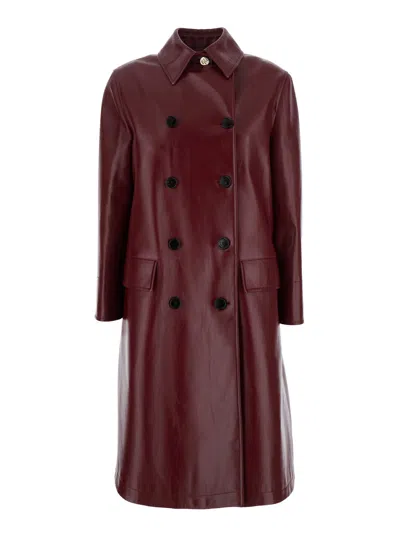 Gucci Womens Rosso Ancora Double-breasted Two-flap-pockets Leather Coat In Red