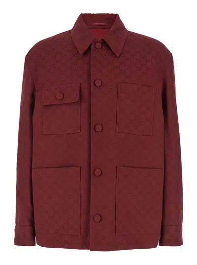 Gucci Bordeaux Jacket With All-over Gg Motif In Cotton Blend Man In Multicolor