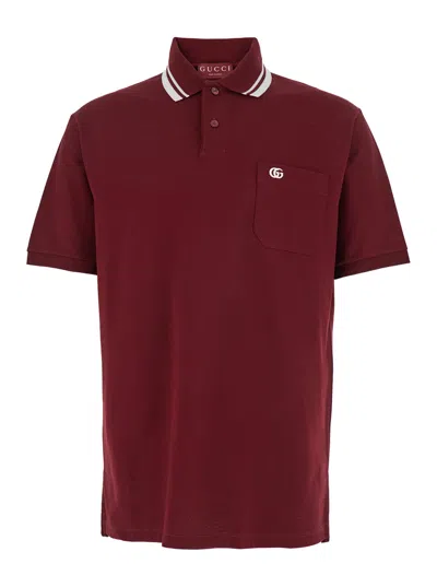 Gucci Bordeaux Polo Shirt With Striped Motif On The Collar And Double G Embroidery On The Front In C In Red