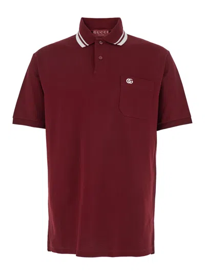 Gucci Bordeaux Polo Shirt With Striped Motif On The Collar And Double G Embroidery On The Front In Cotton  In Burgundy