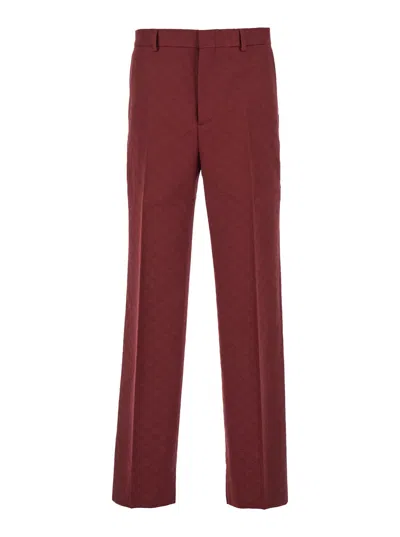 Gucci Bordeaux Straight Pants With Gg Motif In Cotton Man In Multicolor