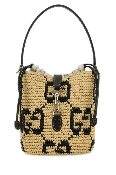 Gucci Borsa A Secchiello Gg Mini In Rafia Ricamata Donna