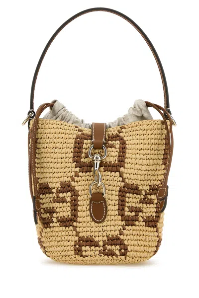 Gucci Borsa A Secchiello Gg Mini In Rafia Ricamata Donna