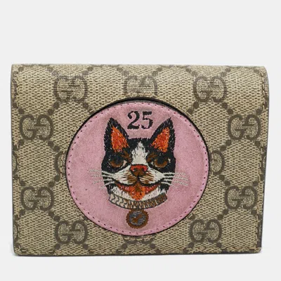 Pre-owned Gucci Bosco Patch Beige/pink Gg Supreme Canvas Compact Wallet In Sand