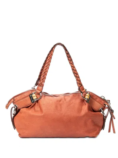 Pre-owned Gucci Boston Braided Handle Leather Tote Bag In Orange