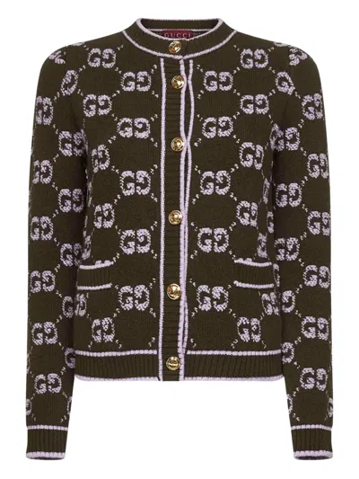 Gucci Wool Cardigan With Front Pockets And Long Sleeves In Green