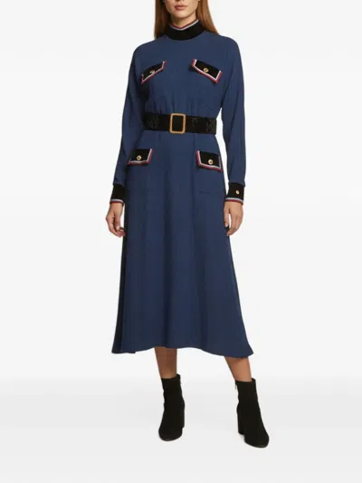 Pre-owned Gucci Bouclé Velvet-trim Midi Dress In Blue