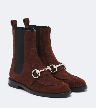 Gucci Boulevard Horsebit Gg Suede Chelsea Boots In Brown