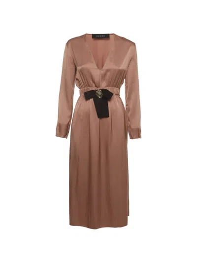 Pre-owned Gucci Bow Detail V-neck Midi Dress In Brown