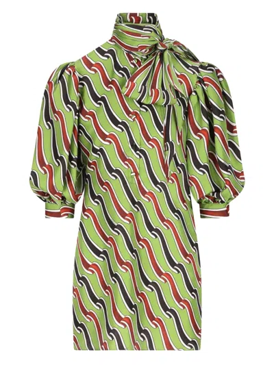 Gucci Bow-neck Patterned Silk Midi Dress In Green