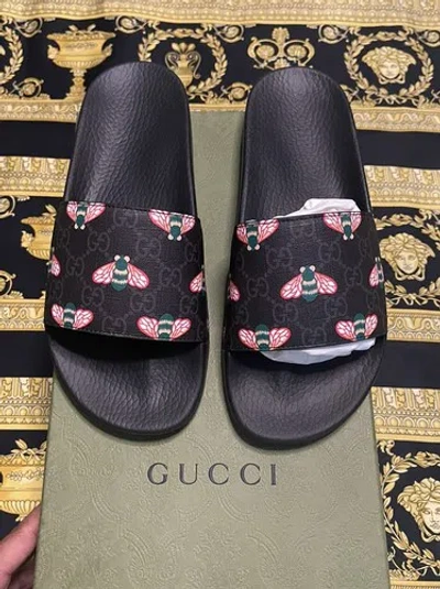 Pre-owned Gucci Box 100% Authentic  Gg Supreme H2o Bees Slides Sandals 8 Us 8.5 In Black/multi-color