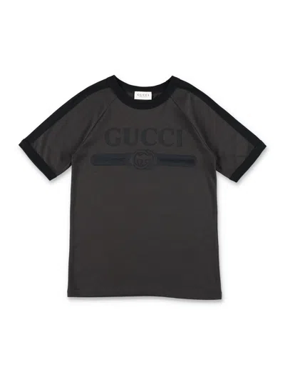 Gucci Boy's Soft Cotton Crewneck T-shirt With Interlocking G Print In Dartk Grey