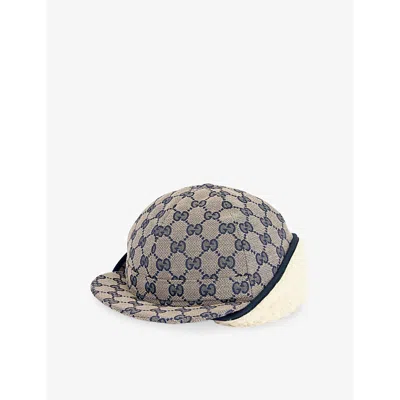 Gucci Beige/blue+blu Kids' Monogram-pattern Woven Hat
