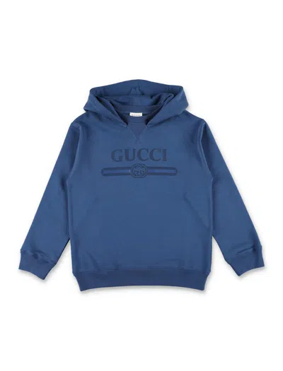 Gucci Boys Oversized Brushed Cotton Hoodie With Interlocking G Print In Blue