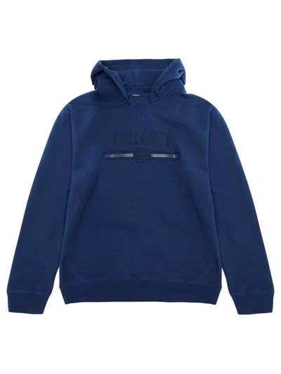 Gucci Boys Oversized Brushed Cotton Hoodie With Interlocking G Print In Blue