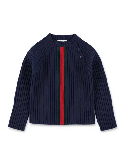 Gucci Boys Ribbed Wool Sweater With Stripe Detail In Blue