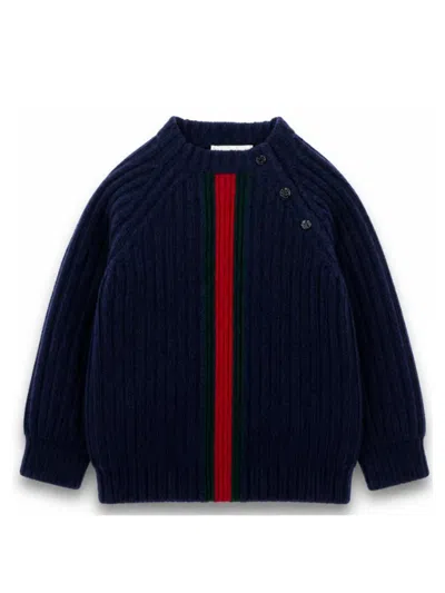 Gucci Boys Ribbed Wool Sweater With Stripe Detail In Blu