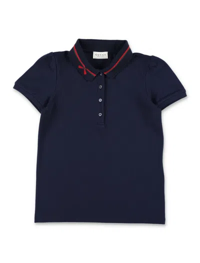 Gucci Boys' Stretch Cotton Piqué Polo Shirt With Web Trim & Embroidered Bow In Blue