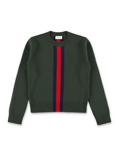 Gucci Boys Wool Crewneck Sweater With Iconic Vertical Web Stripe In Green