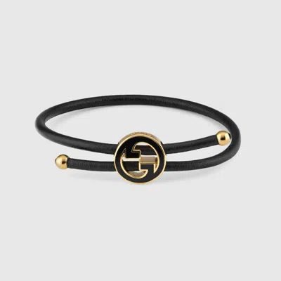Gucci Bracelet With Enamel Round Interlocking G In Black