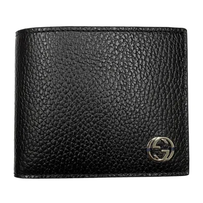 Pre-owned Gucci Brand  Men's Interlocking Black Leather Bifold Wallet 610464 Cao2n