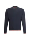 Gucci Blue Crewneck Sweater With Web Trims In Wool Man In Ink/green/red