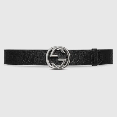 Gucci Men Black Belt With Interlocking G Buckle In Gg Jumbo Leather Man