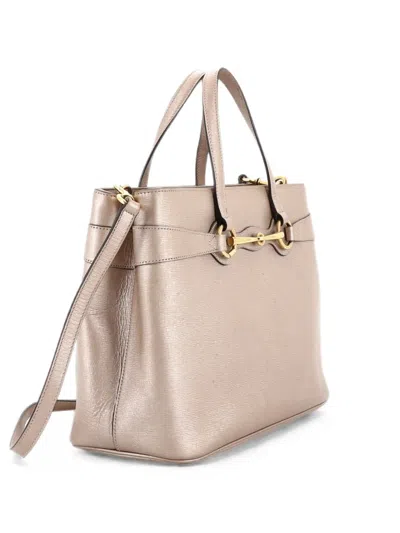 Pre-owned Gucci Bright Bit Convertible Leather Medium Tote Bag In Gold