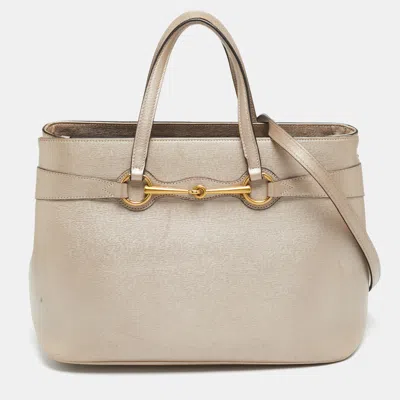 Pre-owned Gucci Bright Bit Medium Metallic Leather Tote In Silver