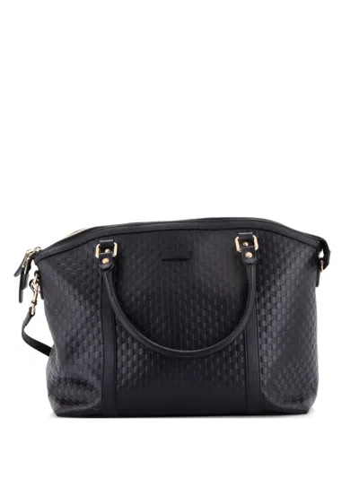 Pre-owned Gucci Britt Convertible Dome Microssima Leather Medium Satchel In Black