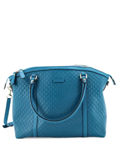 Pre-owned Gucci Britt Convertible Dome Microssima Leather Medium Satchel In Blue