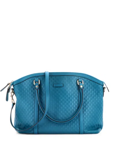 Pre-owned Gucci Britt Convertible Dome Microssima Leather Medium Satchel In Blue