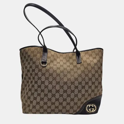 Pre-owned Gucci Britt Gg Canvas Leather Tote Bag In Sand