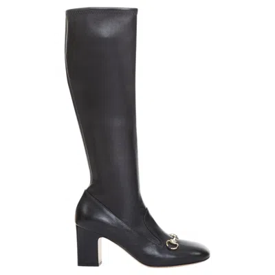 Pre-owned Gucci Brixton Black Nappa Stretch Leather Gold Horsebit Knee High Boots Eu38.5