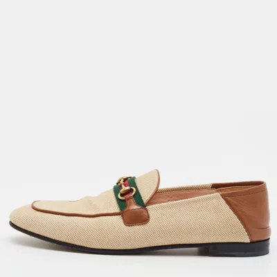 Pre-owned Gucci Brixton Size 41 Beige/brown Canvas And Leather Web Horsebit Loafers