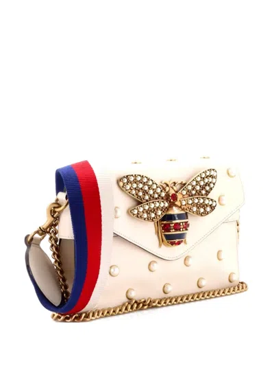 Pre-owned Gucci Broadway Pearly Bee Embellished Leather Mini Shoulder Bag In Neutral