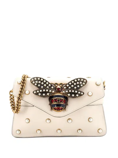Pre-owned Gucci Broadway Pearly Bee Embellished Leather Mini Shoulder Bag In Neutral