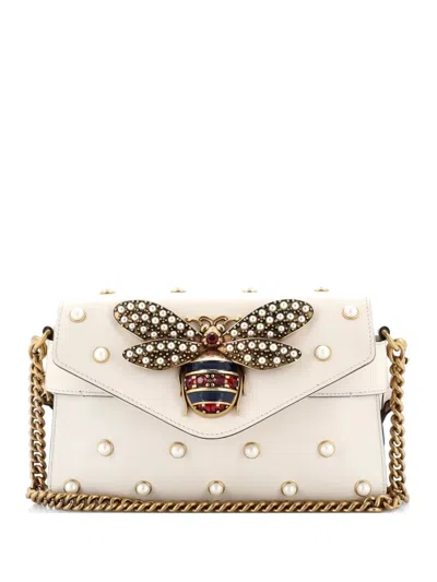 Pre-owned Gucci Broadway Pearly Bee Embellished Leather Mini Shoulder Bag In Neutral