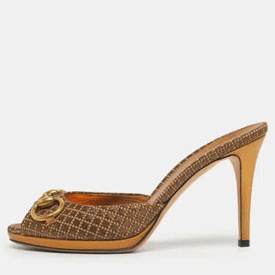 Pre-owned Gucci Bronze Diamante Fabric Horsebit Slide Sandals Size 37 In Brown