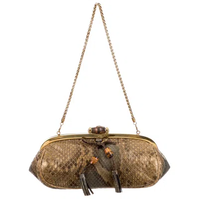 Pre-owned Gucci Bronze Snake Skin Mini Exotic Bamboo Party Evening Minaudi�re Clutch Bag In Brown