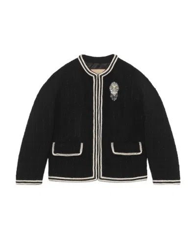 Gucci Brooch-detail Tweed Jacket In Black