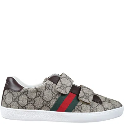 Gucci Blue Sneakers For Kids With All-over Gg Logo In Brown